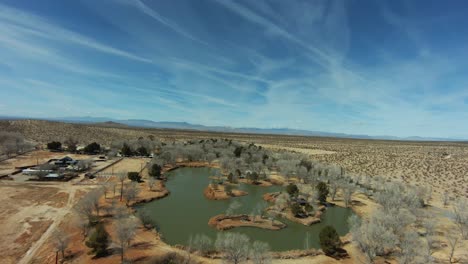 Flying-over-an-oasis-in-the-Mojave-Desert's-harsh-climate---aerial-view