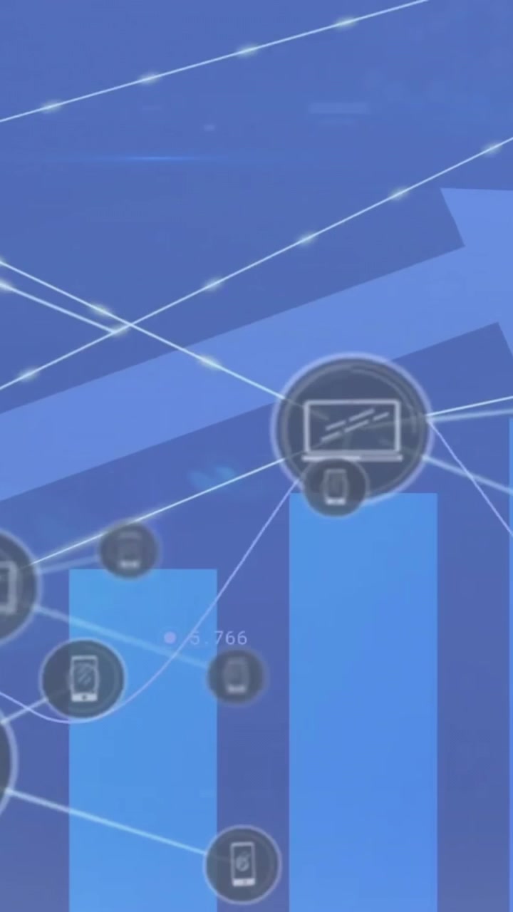 Animazione di rete di connessioni e icone con diagramma su skyline cittadino.