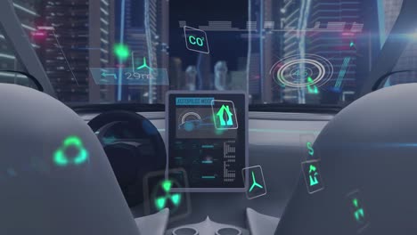 animación de iconos y interfaz de automóviles sobre el paisaje urbano