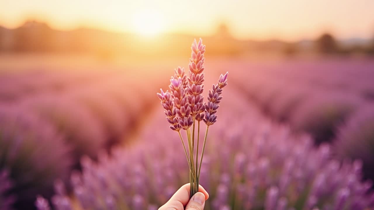Hand holding lavender flowers in a field at sunset