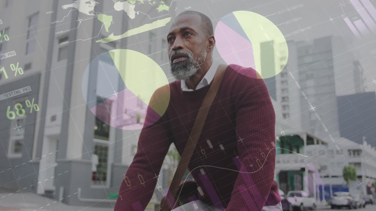 Animation of infographic interface over senior african american man riding bicycle on street in city