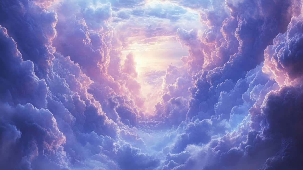 A dreamy, ethereal cloudscape with soft pink and blue hues, captured from a low angle