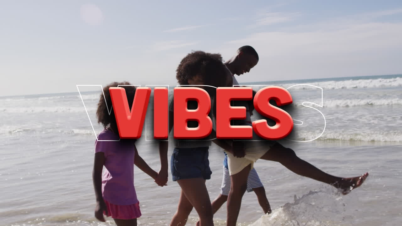 Animation af "vibes" tekst over smilende afroamerikansk familie, der går på stranden