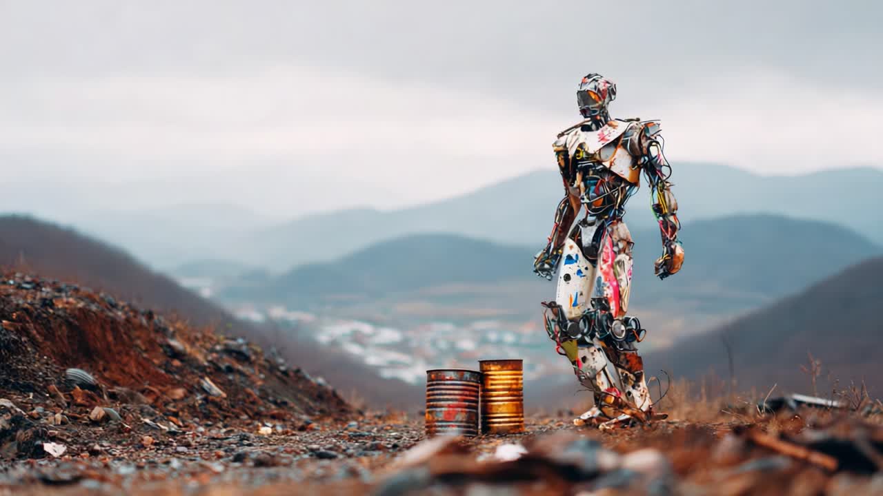 A striking visual of a colorful robotic figure standing amidst a desolate landscape, showcasing themes of technology, nature, and the impact of human innovation on the environment