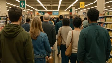 a group of shoppers waits patiently in a long line at a grocery store during the early evening hours. the aisles are filled with various products, and the atmosphere reflects a typical bustling shopping scene. customers are engaged in quiet conversations while maneuvering shopping carts filled with