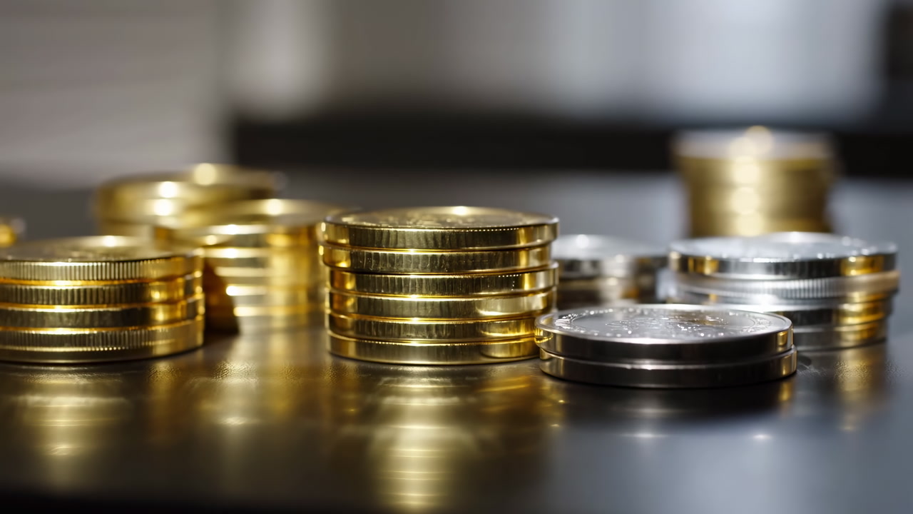 Stacked Gold And Silver Coins Glinting On Dark Reflective Surface, Shallow Depth Of Field With Blurred