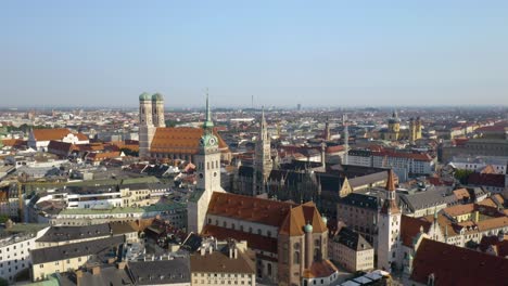 static drone shot of munich skyline in bavaria, germany