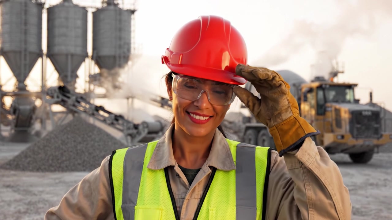 Operaio edile fiducioso con equipaggiamento di sicurezza in un impianto di calcestruzzo, che supervisiona le operazioni in un ambiente industriale con macchinari pesanti e materie prime.