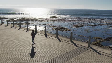 African-american-woman-wearing-backpack-and-walking-on-promenade-by-the-sea