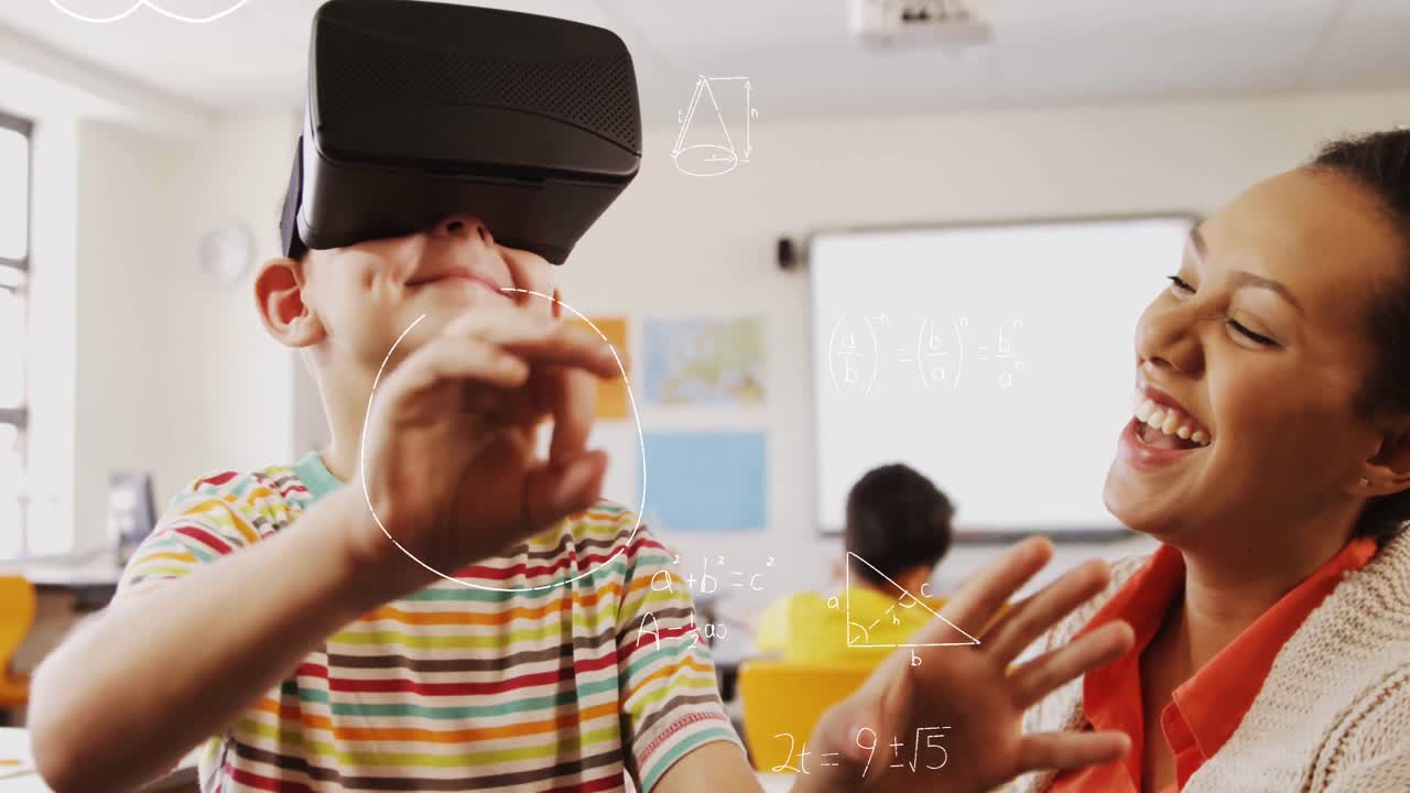 video compuesto de iconos de conceptos matemáticos contra un niño caucásico que usa auriculares vr en la escuela