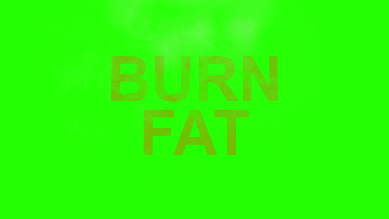 연소 글: 지방을 태우는 불, 화염과 연기를 가진 단어 텍스트, 크로마 키, 녹색 화면, 의료 식단, 영양, 건강한 생활 방식의 개념