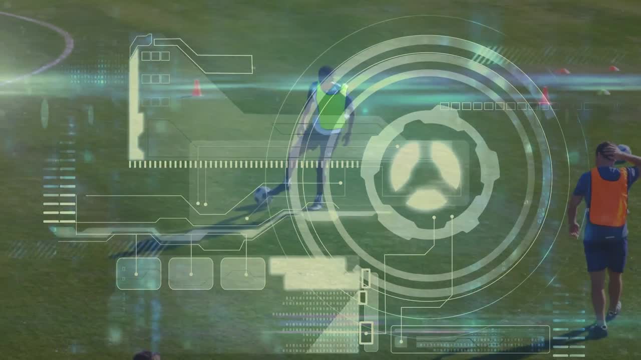 animación del procesamiento de datos y escaneo de alcance sobre jugadores de fútbol