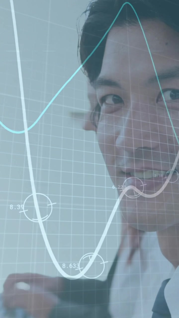 Animation of financial data processing over asian businessman using phone headset and computer