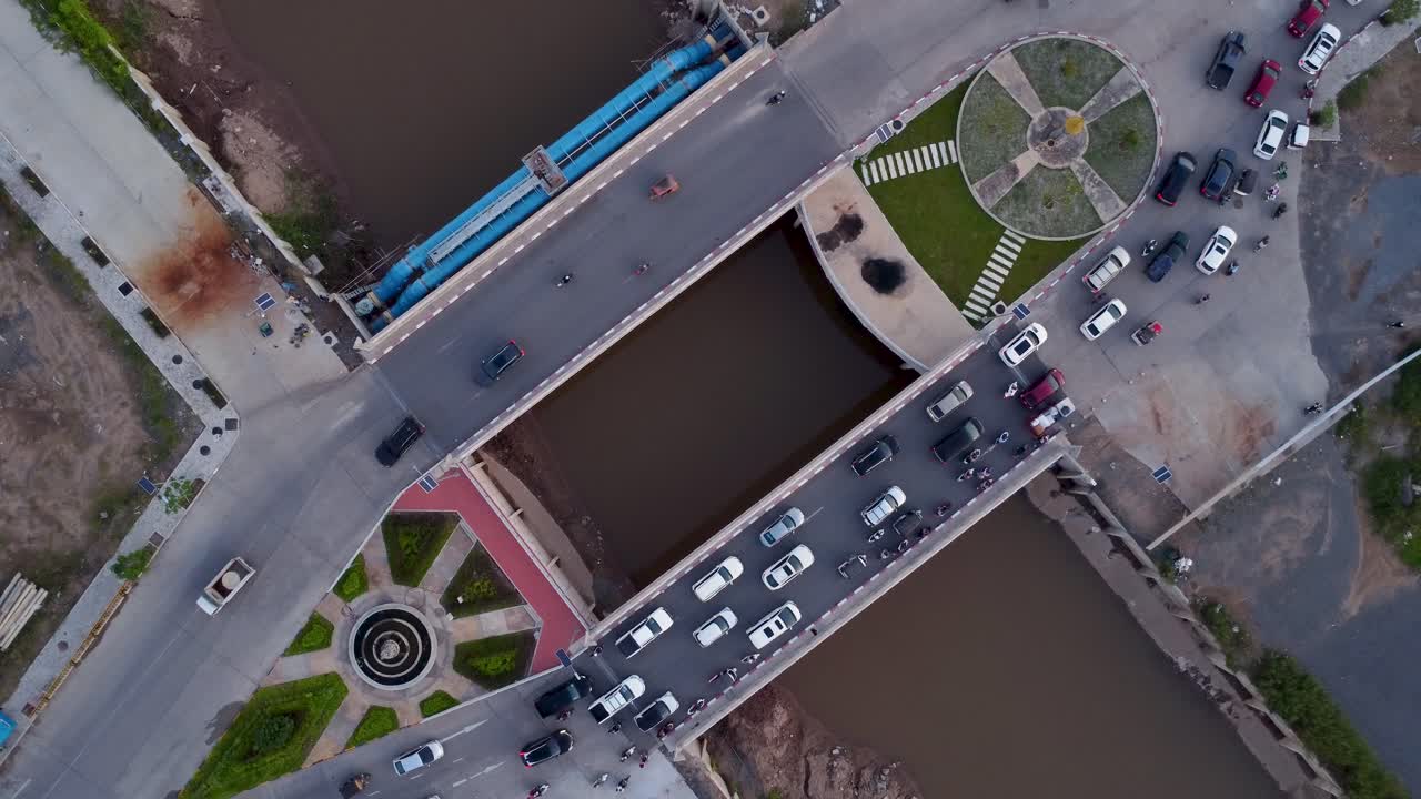 Aerial View of Traffic on a Bridge in Phnom Penh, Cambodia