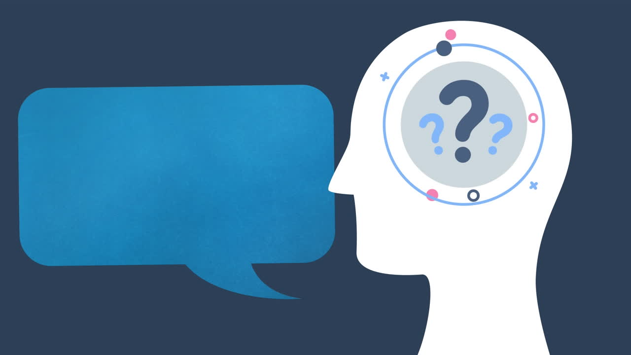 검은색 배경에 질문표와 음성 거품이 있는 머리의 애니메이션