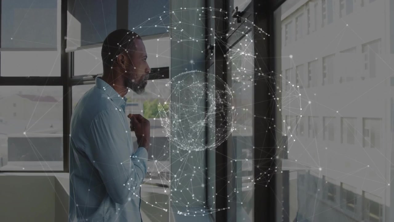Office man gazing at window, straightening, studying facade as rotating tech net sphere over glass