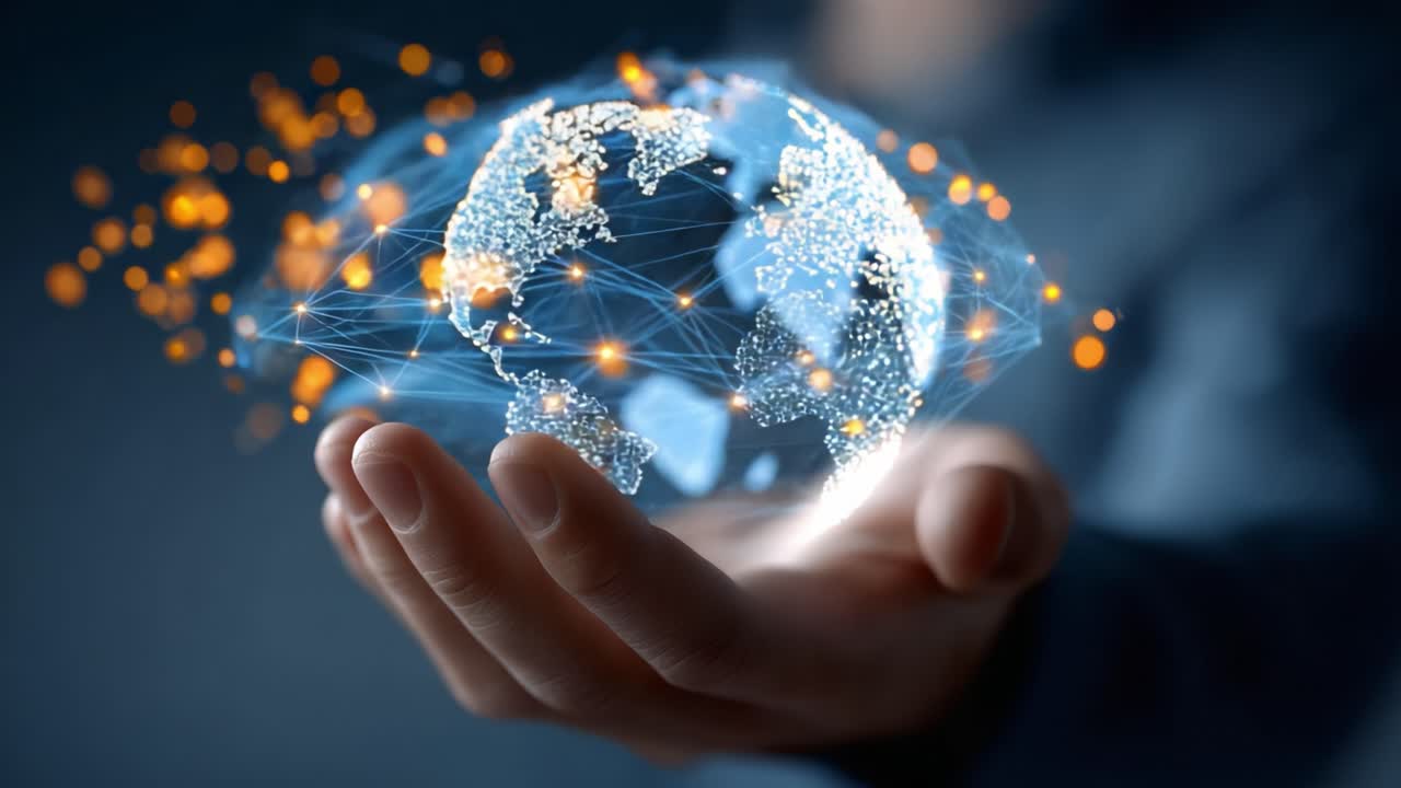 A Glowing Digital Earth: Embracing Technology and Connectivity Through a 3D Representation of Our Planet in a Human Hand