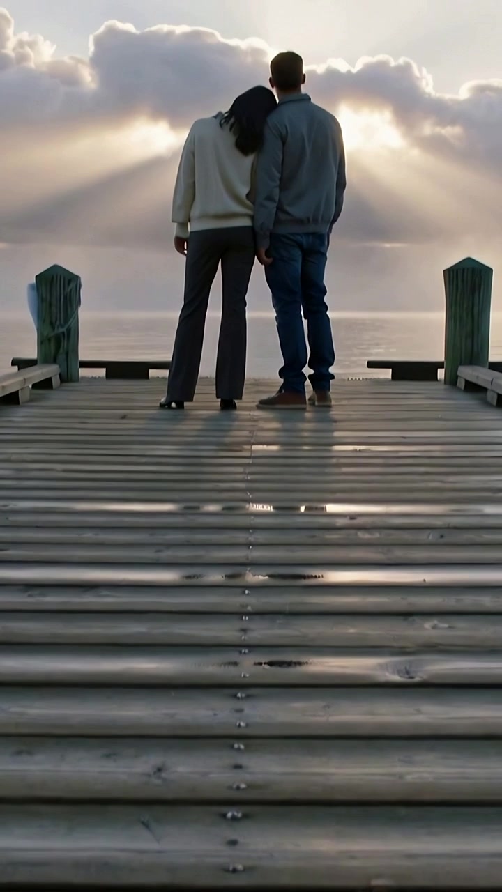 Vertical video: Tilting camera showing couple leaning on pier in sweater and jacket watching sea