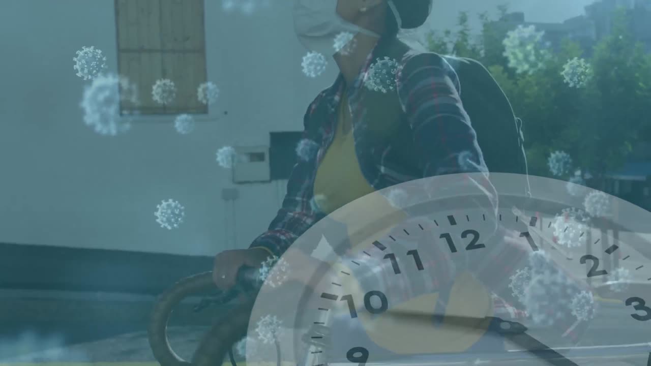 거리에서 마스크를 쓰고 있는 아시아 여성 위에 떠다니는 거대한 코로나19 세포와 시계의 애니메이션