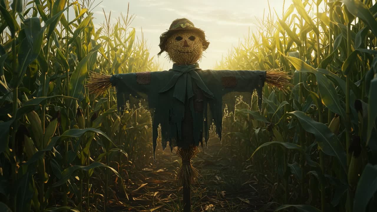 A Striking Scarecrow Standing Tall Amidst Lush Green Cornfields Under a Golden Sunset, Symbolizing Harvest Season and Agricultural Traditions