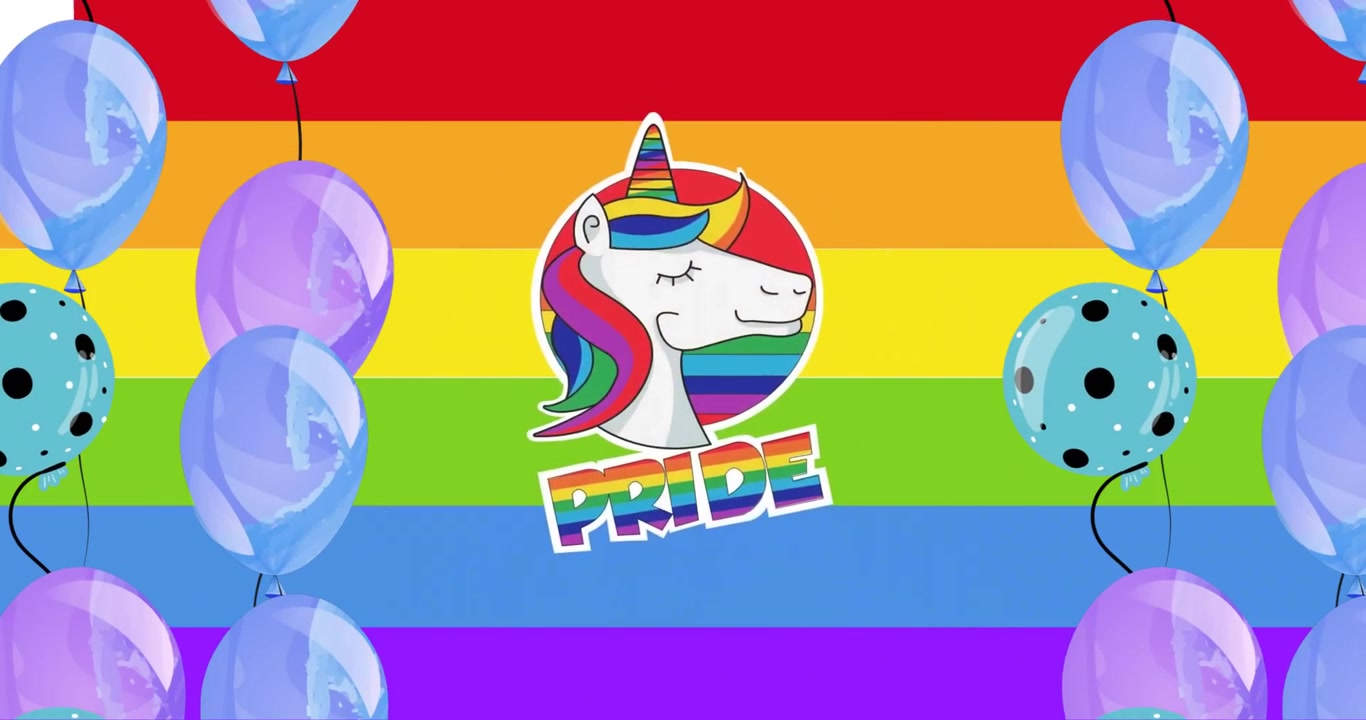 Animation of pride text with unicorn and balloons on rainbow background