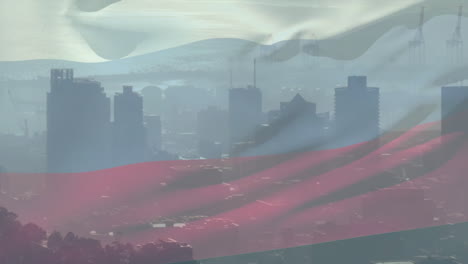 city skyline with cranes and buildings, animation of translucent flag overlaying
