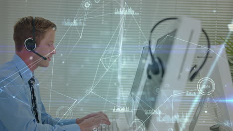animación de la red de conexiones a través de un hombre de negocios con auriculares de teléfono