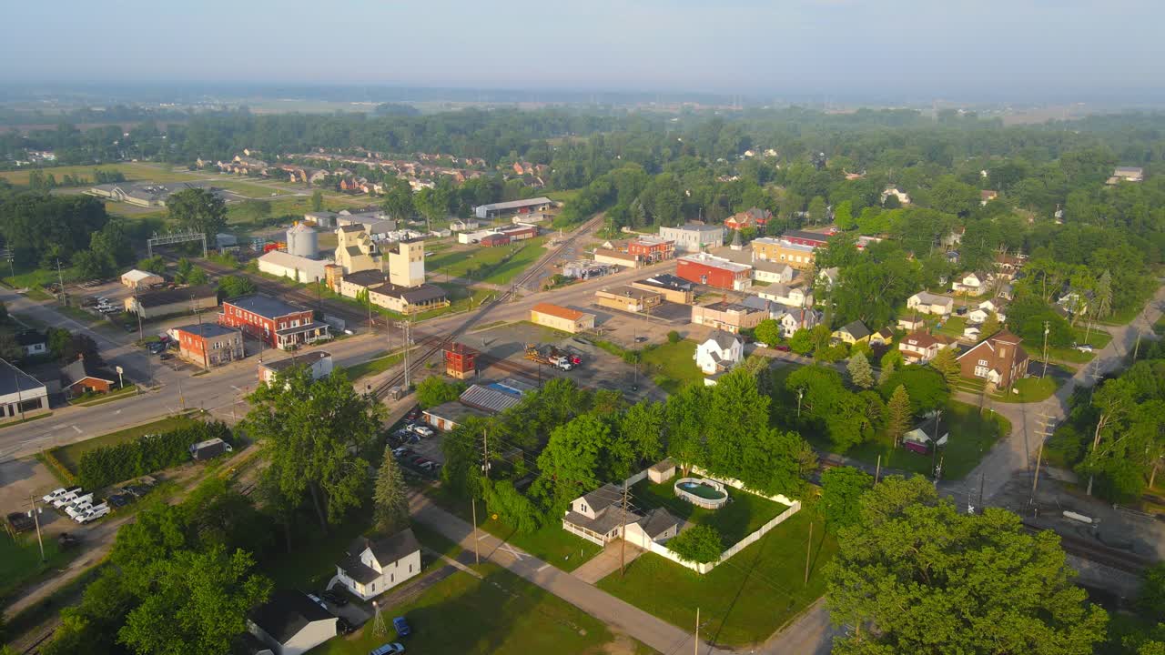 Carleton, Michigan, USA in aerial establishing shot during golden hour sunlight