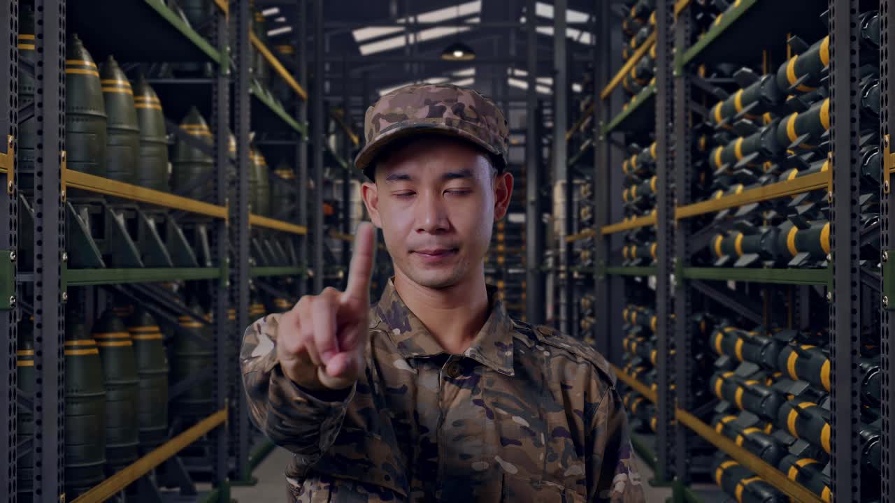 Close Up Pria Asia Tentara Menunjuk ke Arah Anda dan Tidak Setuju dengan Tanda Tidak Ada Jari Telunjuk Saat Berdiri di Gudang Amunisi Militer