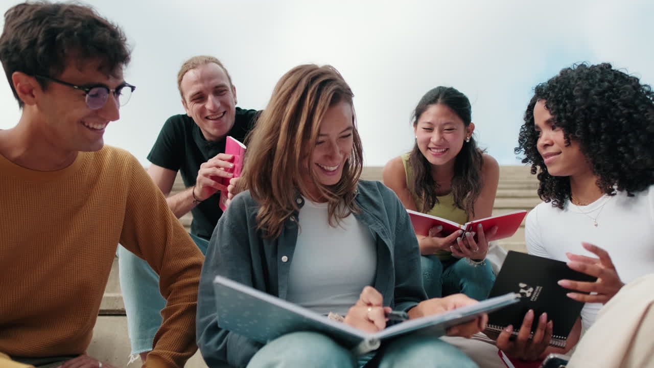 Close up view of the group of happy students with study items is sitting on the