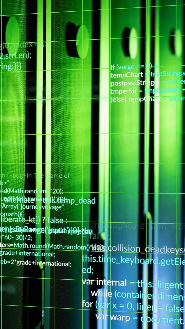 Animation of grid pattern and multicolored computer language over data server systems