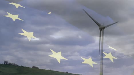 Animación-De-La-Bandera-De-La-UE-Y-Relámpagos-Sobre-La-Turbina-Eólica.