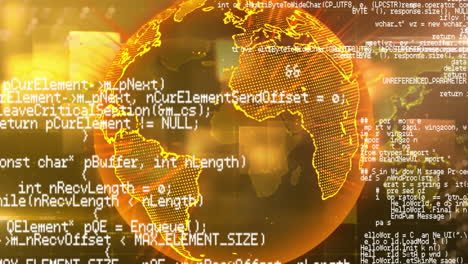 animación del procesamiento de datos sobre un globo luminoso y un mapa del mundo sobre fondo amarillo