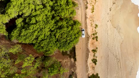 Blick-Von-Oben-Auf-Das-Auto,-Das-Durch-Den-Sandweg-Am-Strand-Fährt