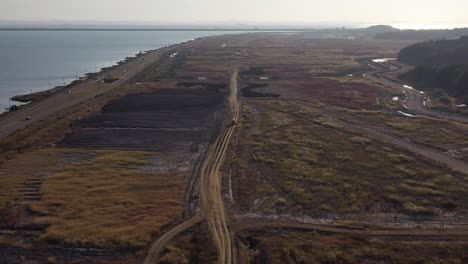 a-white-vehicle-running-between-native-plants-in-reclaimed-land