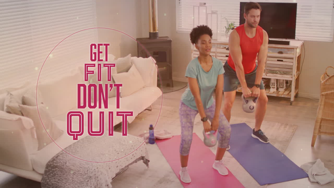Animation of get fit don''t quit text over diverse couple lifting dumbbells at home