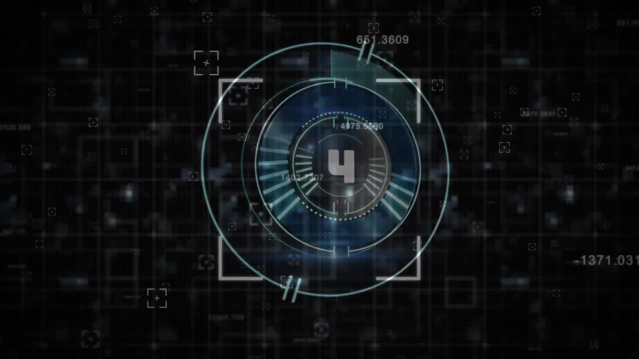 Multiple changing numbers over countdown on neon round scanner against black background