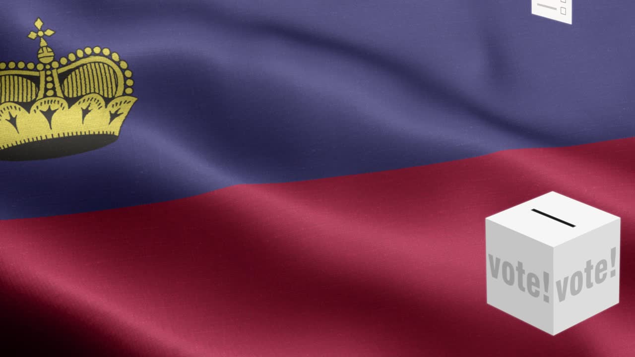 las papeletas de votación vuelan a la caja para la selección de liechtenstein - caja de votación frente a la bandera - elección - voto - bandera de lichtenstein - bandera de liechtenstein alto detalle - bandera nacional patrón de ondas de liechtenstein elementos en bucle - textura de tela y bucle sin fin