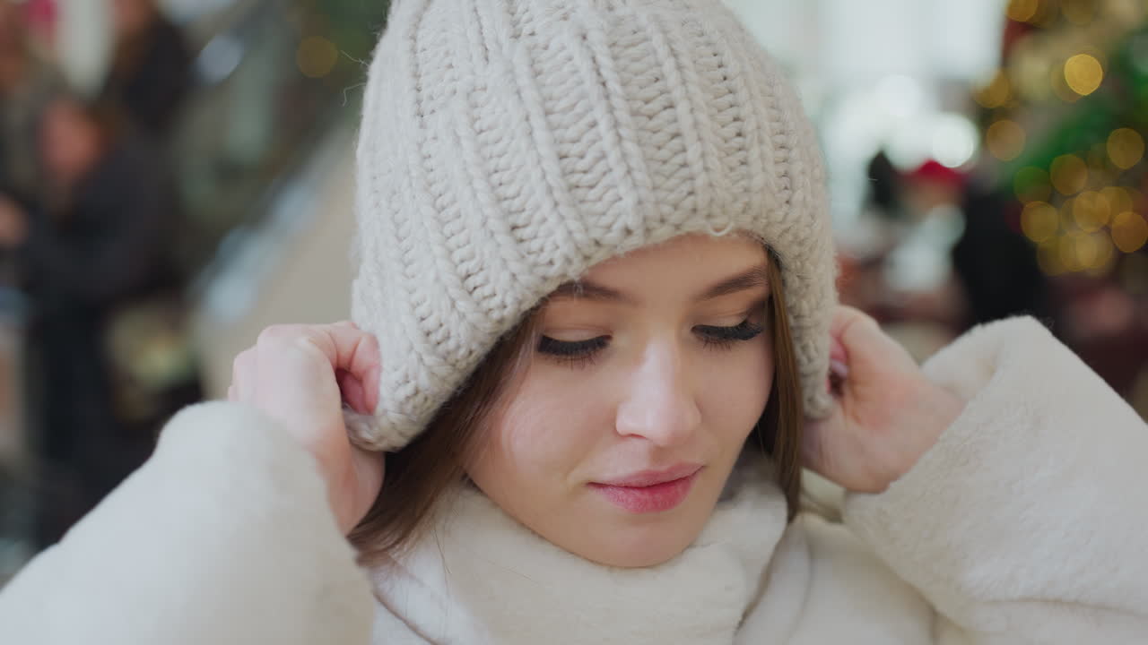 Close-up of woman in soft, fluffy winter jacket adjusting her head warmer with a blurred background of people seated around, cozy and stylish winter fashion moment