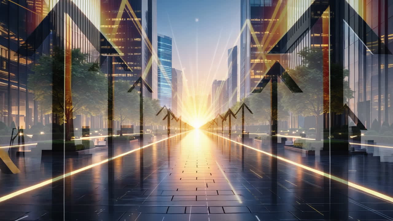Futuristic Cityscape with Upward Arrows and Bright Light Pathway
