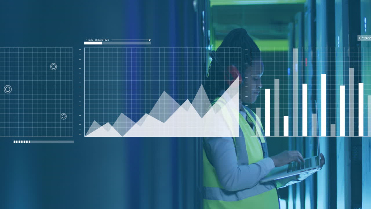 Animation of data processing over african american it woman by computer servers