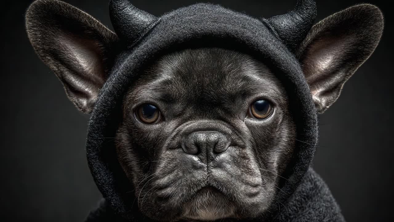 A Mischievous French Bulldog in a Black Hooded Costume with Horns, Perfectly Captured in a Close-Up Portrait That Exudes Playfulness and Charm