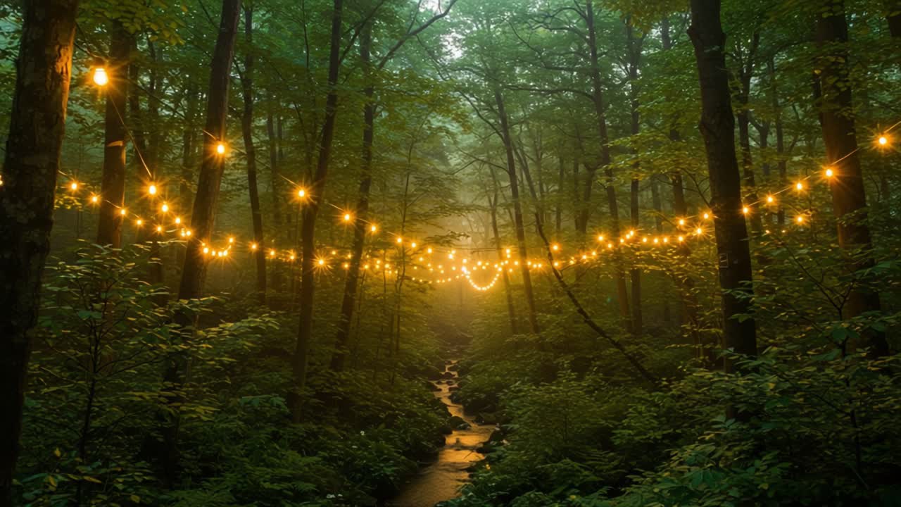 Enchanting Forest Scene with Strung Lights Illuminating a Serene Stream amid Lush Greenery, Creating a Magical and Inviting Atmosphere in the Heart of Nature