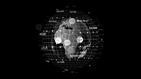 animación del procesamiento de datos y globo sobre fondo negro