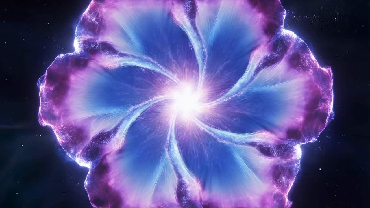 Nebulosa viola luminosa a spirale che fiorisce e vortica, con un nucleo di energia radiante che pulsa di una luce blu tenue, e petali.