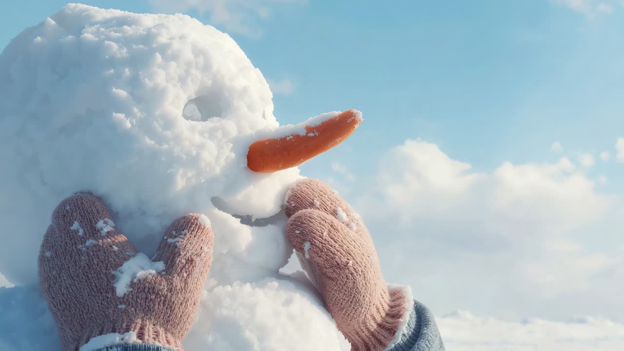 Reaching pink mittens aligning and pushing carrot into snowman head with blue cuffs finishing nose
