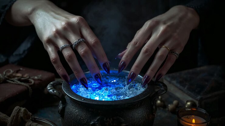 Entering frame fair-skinned hands weaving above cauldron in ritual chamber, glowing beads pulsing