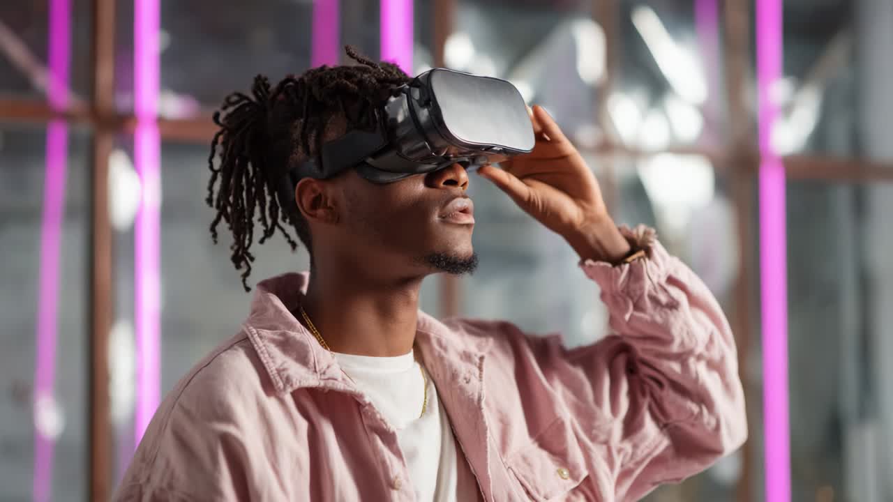 A Young Man Engaged in Virtual Reality Exploration: An Enthusiastic User Experiencing Immersive Technology Through a Head-Mounted Display in an Urban Setting with Modern Aesthetics