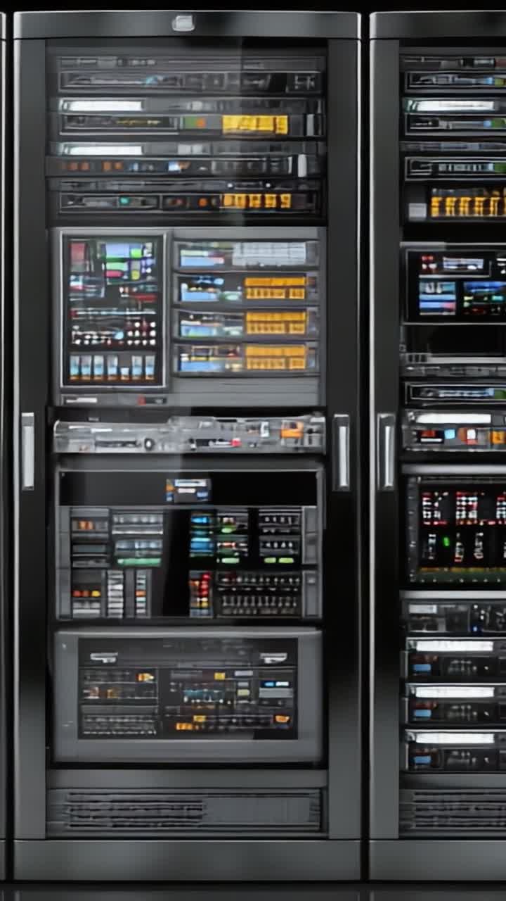 A Detailed Overview of a High-Tech Audio-Visual Equipment Rack Showcasing Advanced Technology and Control Systems in a Modern Setup
