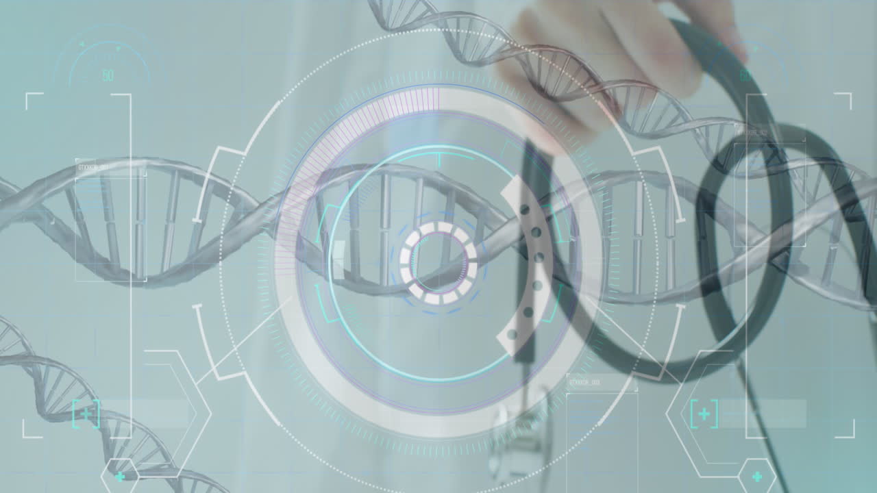 dna 줄무의 애니메이션과 스 스캔은 스테토스코프를 사용하여 손으로 수행됩니다.